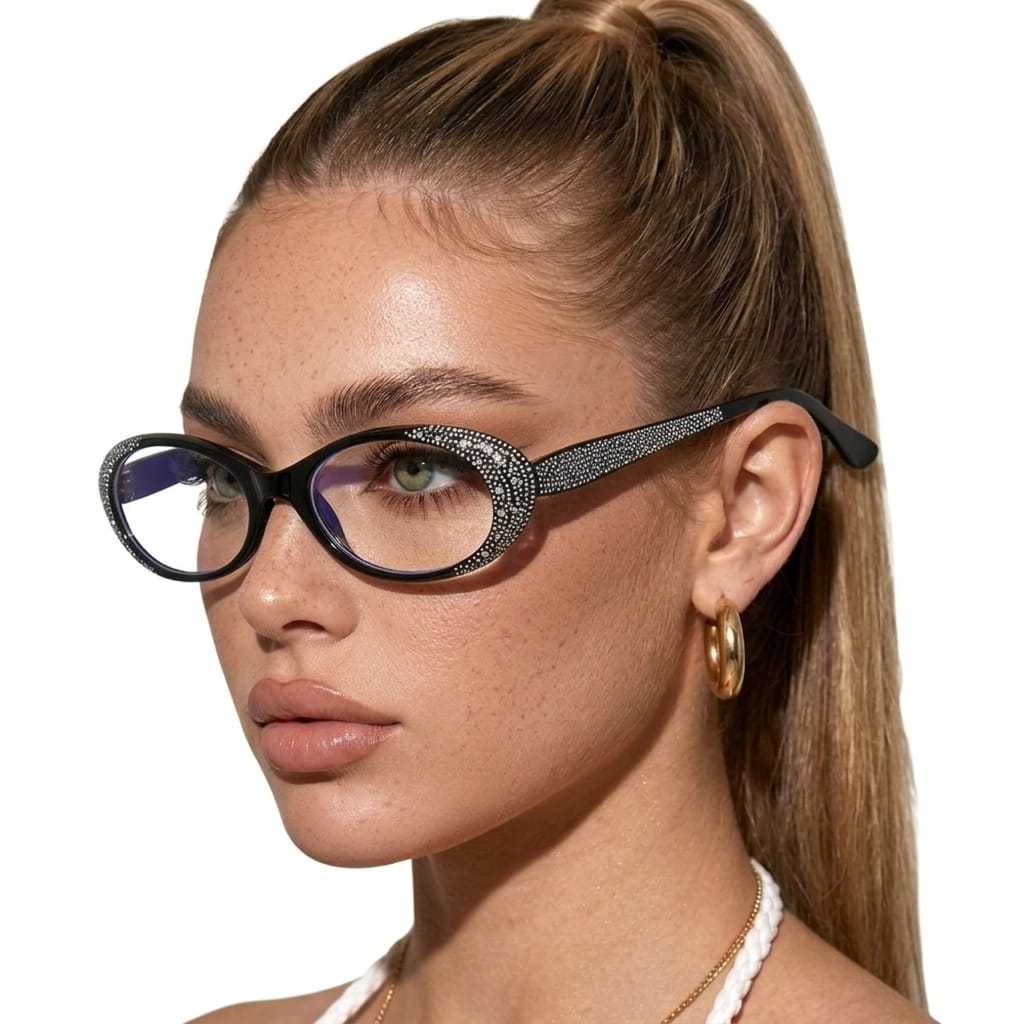 Óculos Feminino Armação Oval Strass Lente Para Perto Proteção Anti Luz Azul