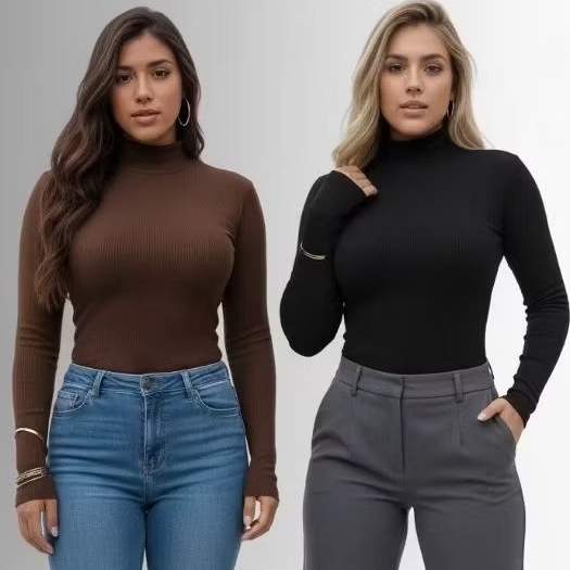 Blusa Feminina Gola Alta Canelada Manga Longa Estações Frio Inverno Canelado Cacharrel Premium Versátil Chique    M G GG