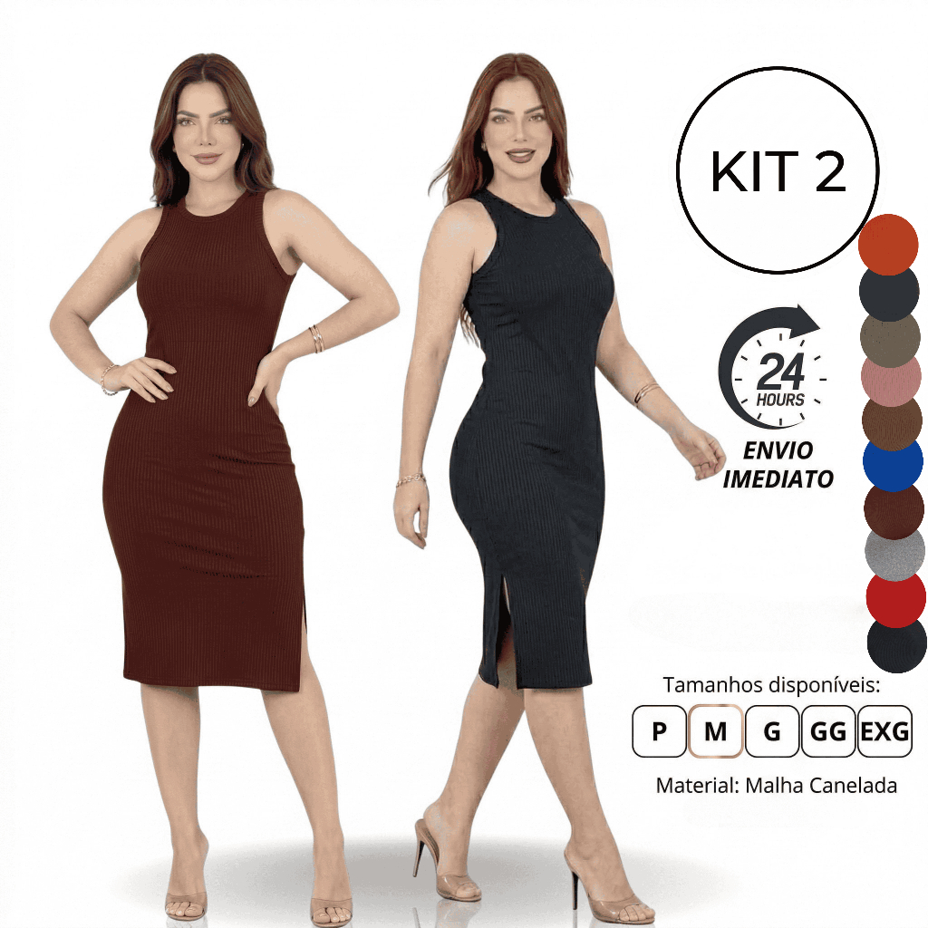 Kit 2 Vestido Midi Ajustado Feminino Canelado Regata Fenda Lateral Elegante P -ao -EXG Tendência
