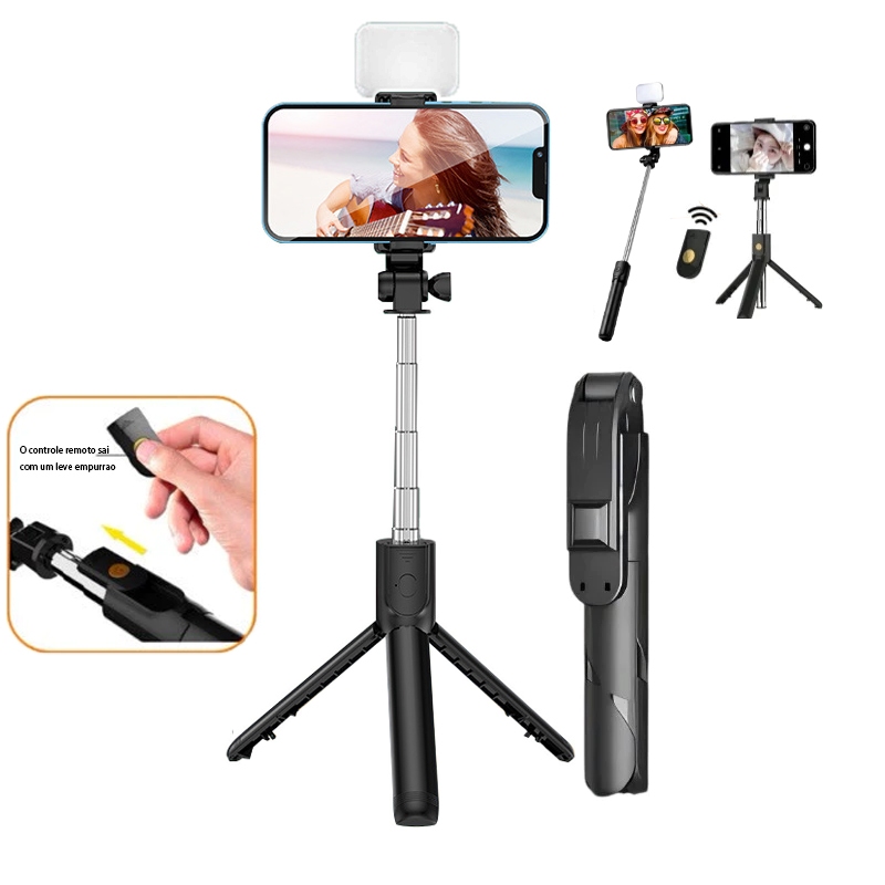 Bastão Selfie Tripé Bluetooth com Luz LED Retrátil para Celular iPhone Android