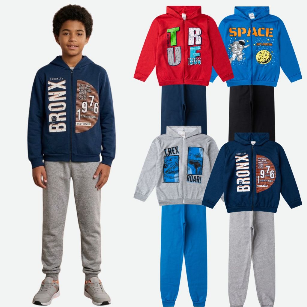 Kit Moletom Infantil Menino 2 Conjuntos Calça Casaco Inverno Masculino Frio 4 Peças Quentinho Ziper