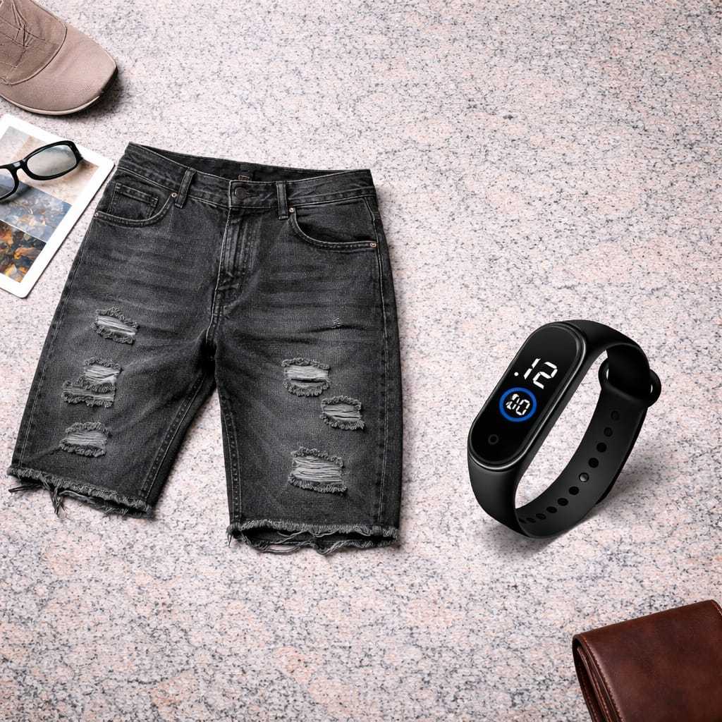 Bermuda Jeans Masculina Rasgada Jogador Shorts Rasgado + Relógio A Prova D'água