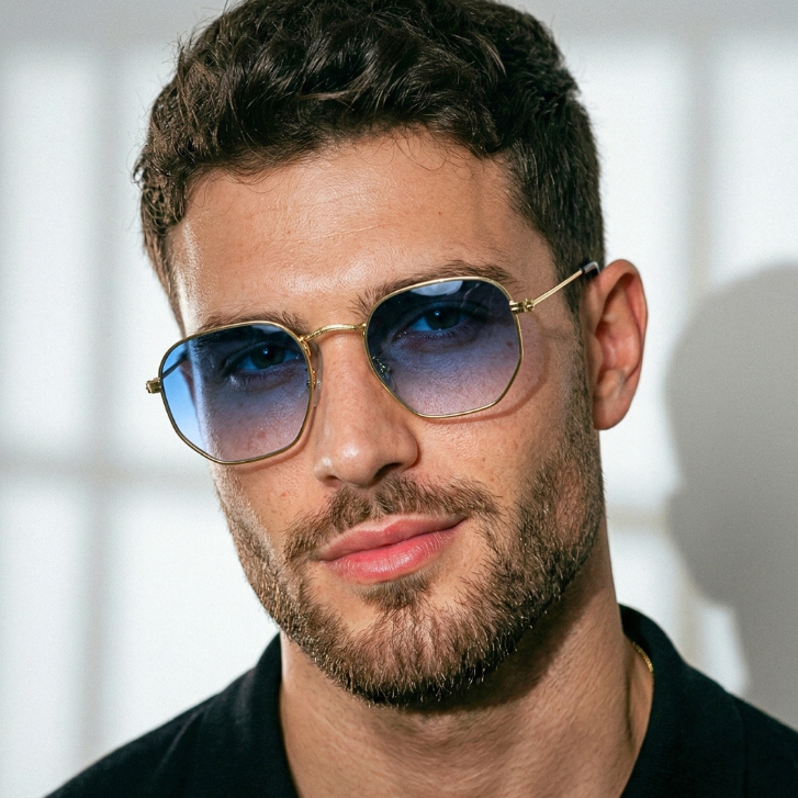 Oculos de Sol Hexagonal Dourado Azul Degrade Premium Original Classicouv400 Masculino Feminino