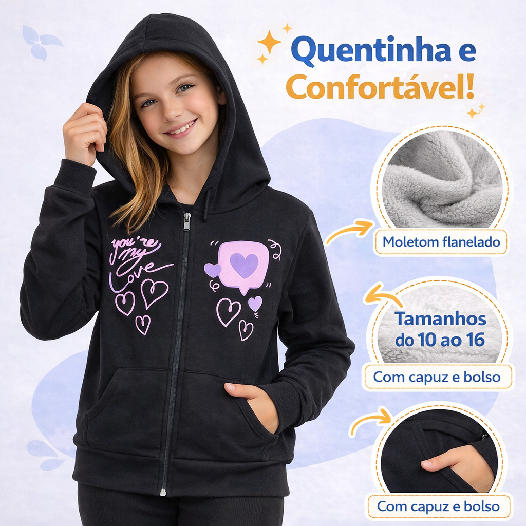 Casaco Feminino Juvenil Moletom Capuz Bolso Ziper e Estampa  3181-A