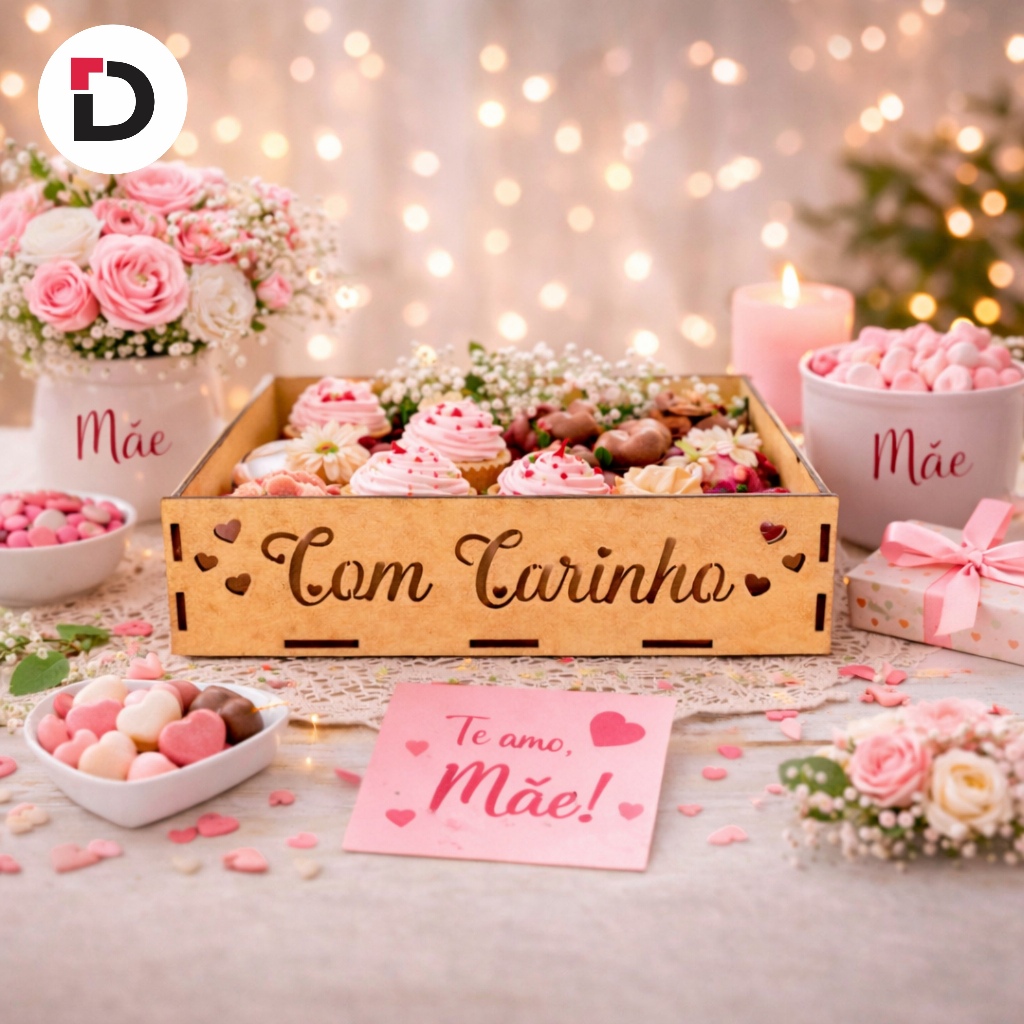 Kit 10 Bandejas ''Com Carinho e Corações'' 20x15x5 Decoração Festa Ocasiões Especiais Com Alça Cesta Mdf Cru