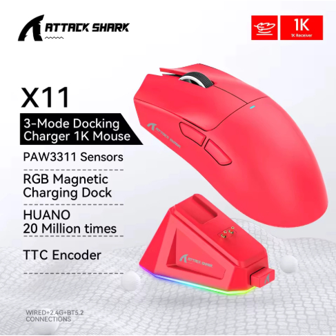 ORIGINAL Mouse ATTACK SHARK X11 com Base de Carregamento Sensor PAW3311 Mouse Gamer sem Fio