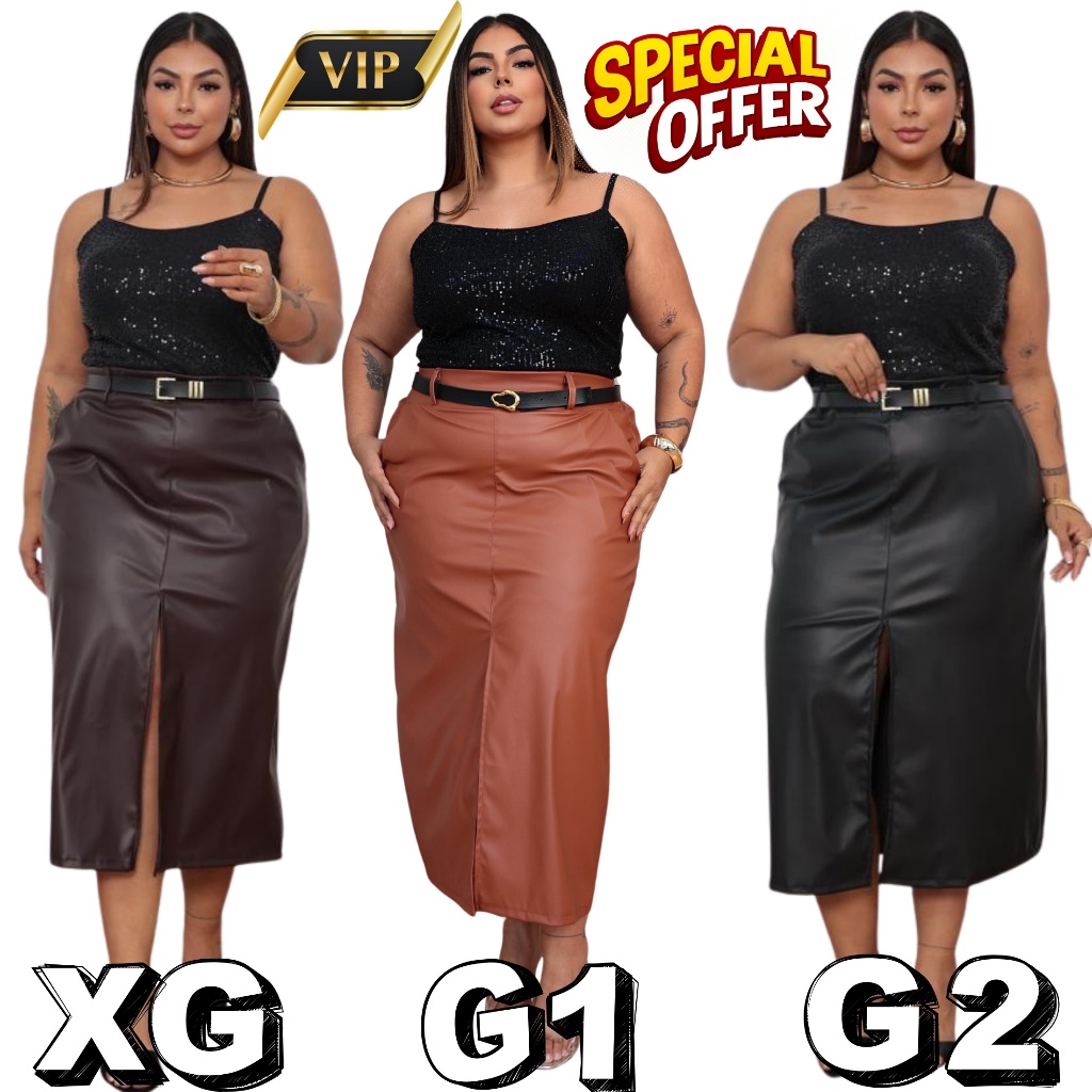 Saia Midi Couro Fake Plus Size, Zíper e Bolsos Funcionais  Moda Curvy Feminina XG G1 G2  Tendência Moda Gringa sem cinto