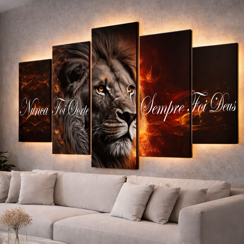 Kit Quadros Decorativos Leão Fogo Nunca Foi Sorte Frases Animais Quarto Sala 5 Pçs — imagem 2 de 2