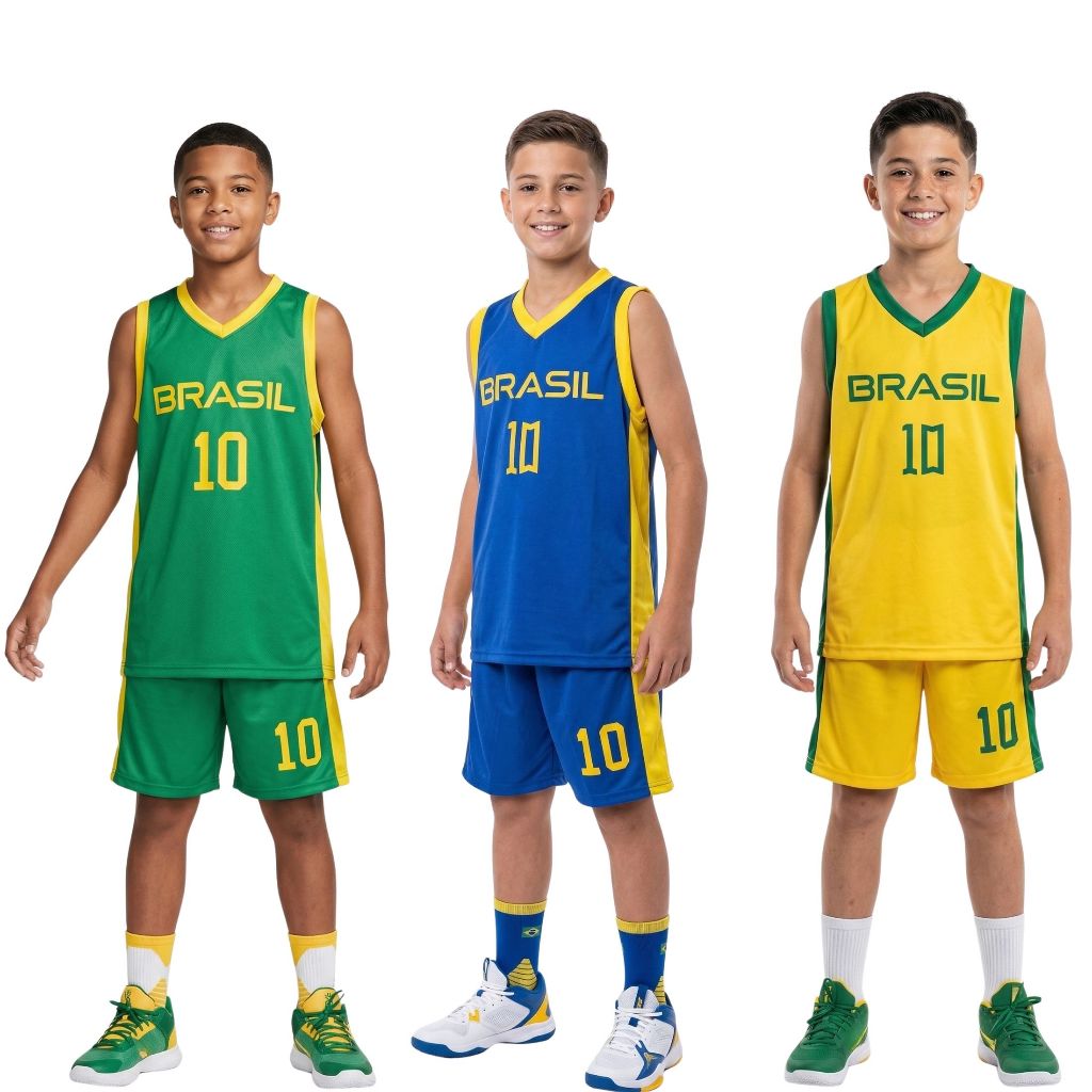 Kit Conjunto Infantil Brasil Menino 6 a 12 Anos – Roupa Esportiva Leve Camiseta + Short Estilo Copa | Envio Rápido