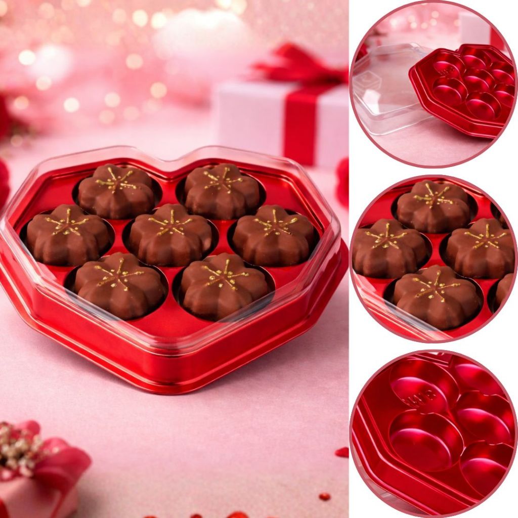 10~40 CAIXA CORAÇÃO LAPIDADO VERMELHO C/ 7 CAVIDADES P/ BOMBONS 14062 (BWB) (CHOCO)