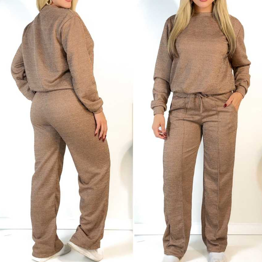 Conjunto Femenino 2 Peças Blusa e Pantalona Tecido Lanzinha Ribi Canelado