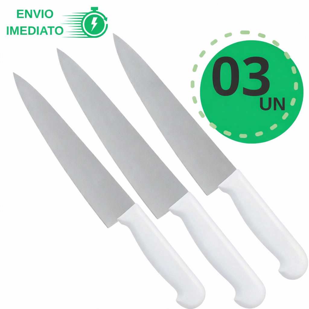 Kit 3 Faca Cozinha Inox 8" Corta de Verdade  Line Design  Corte Perfeito Já Vem Amolada
