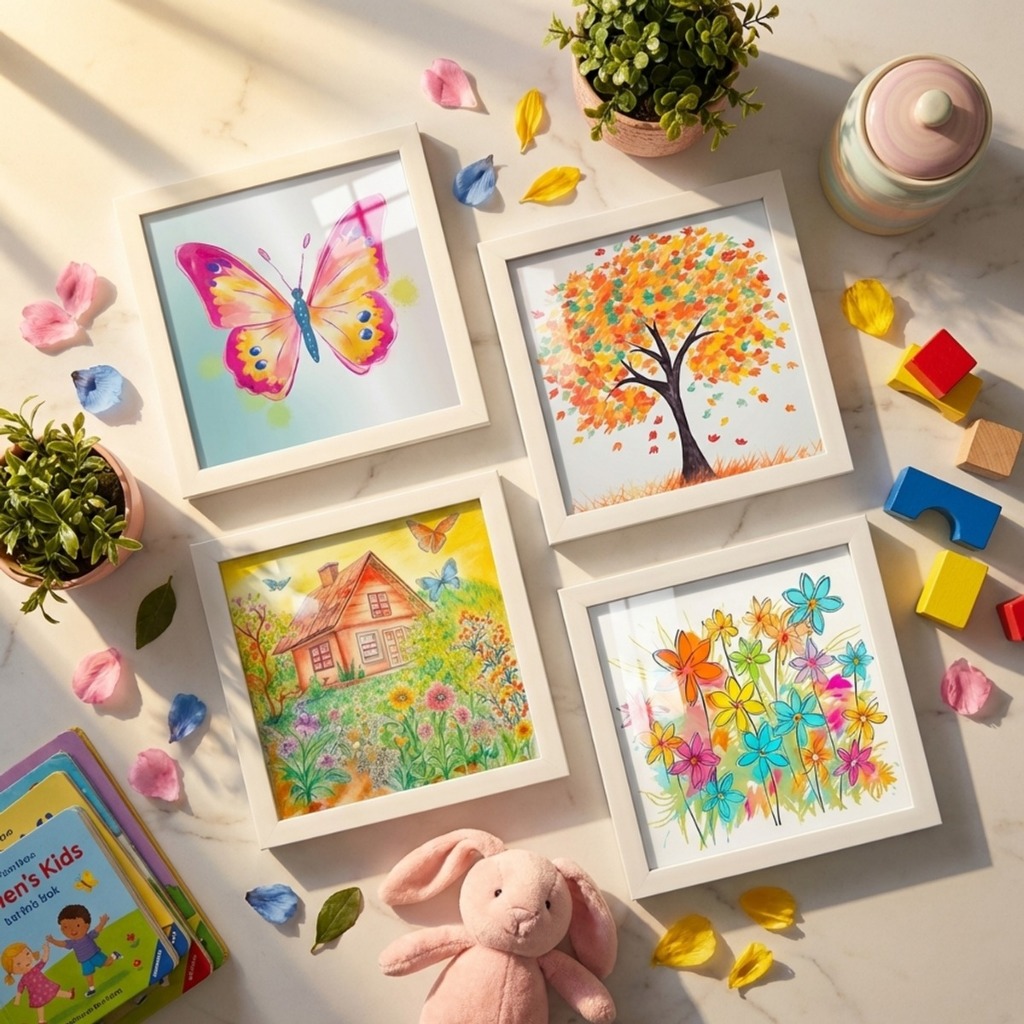 Kit 4 Quadros 18x18 cm Quarto Infantil, Borboleta, Flores, menino, menina com vidro