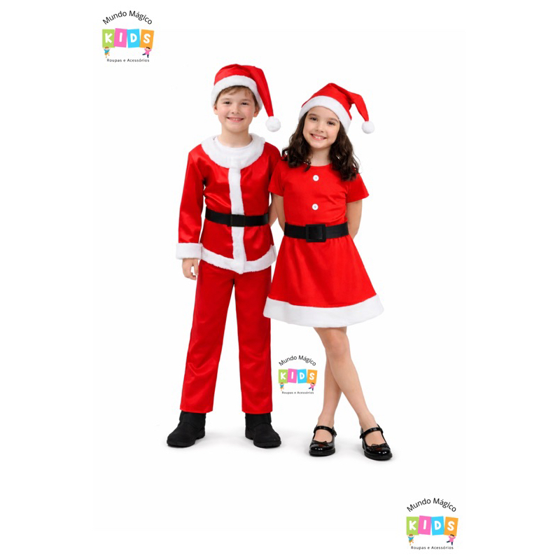 fantasia do Papai Noel ou mamãe noel Roupa de Natal Infantil Com Gorro Natalino Menina vestido ou blusa e calça