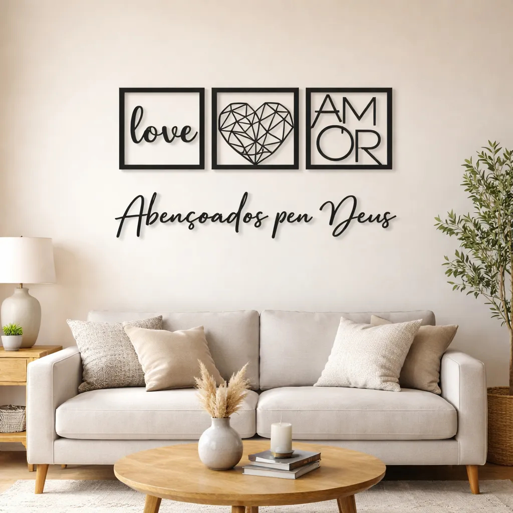 Quadros decorativos Abençoado por Deus + Love + Coração Geométrico + Amor – Para Sala, Quarto / C dupla face