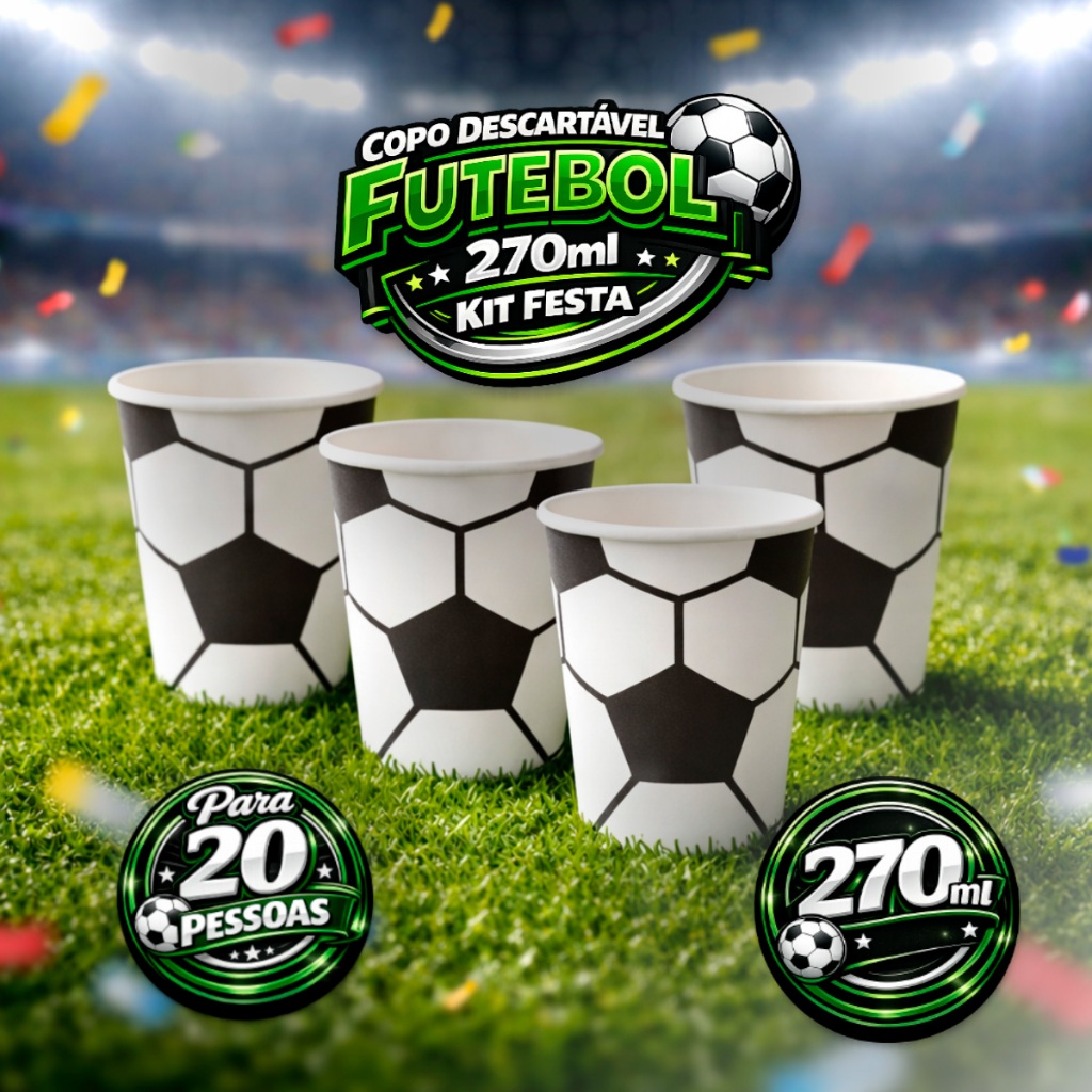 Kit Copo Descartável De Papel Bola De Futebol 270ml 20 Unidades Silver Festa Bebidas Quentes e Frias