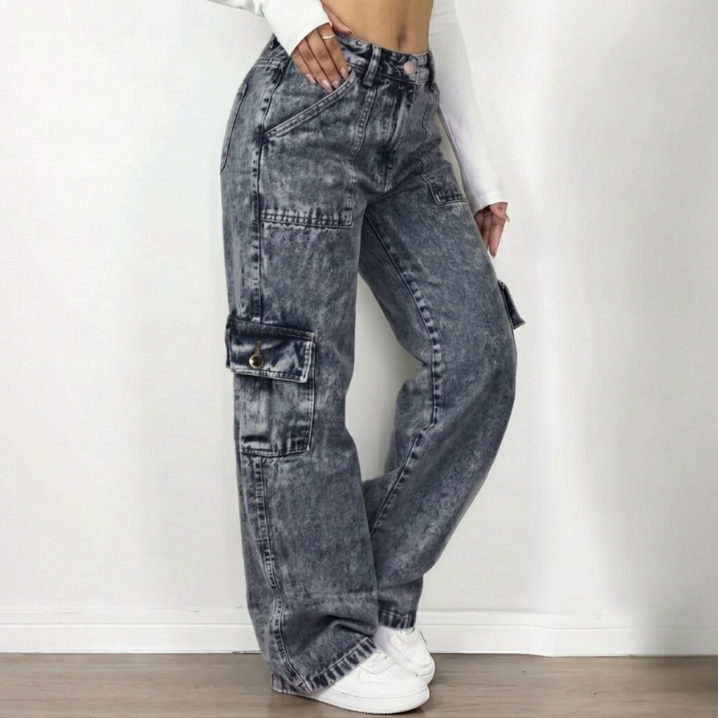 Calça Jeans Feminina Cargo Wide Leg Marmorizada Pantalona Boca Larga Bolso Lateral