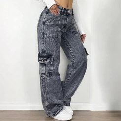 Calça Jeans Feminina Cargo Wide Leg Marmorizada Pantalona Boca Larga Bolso Lateral