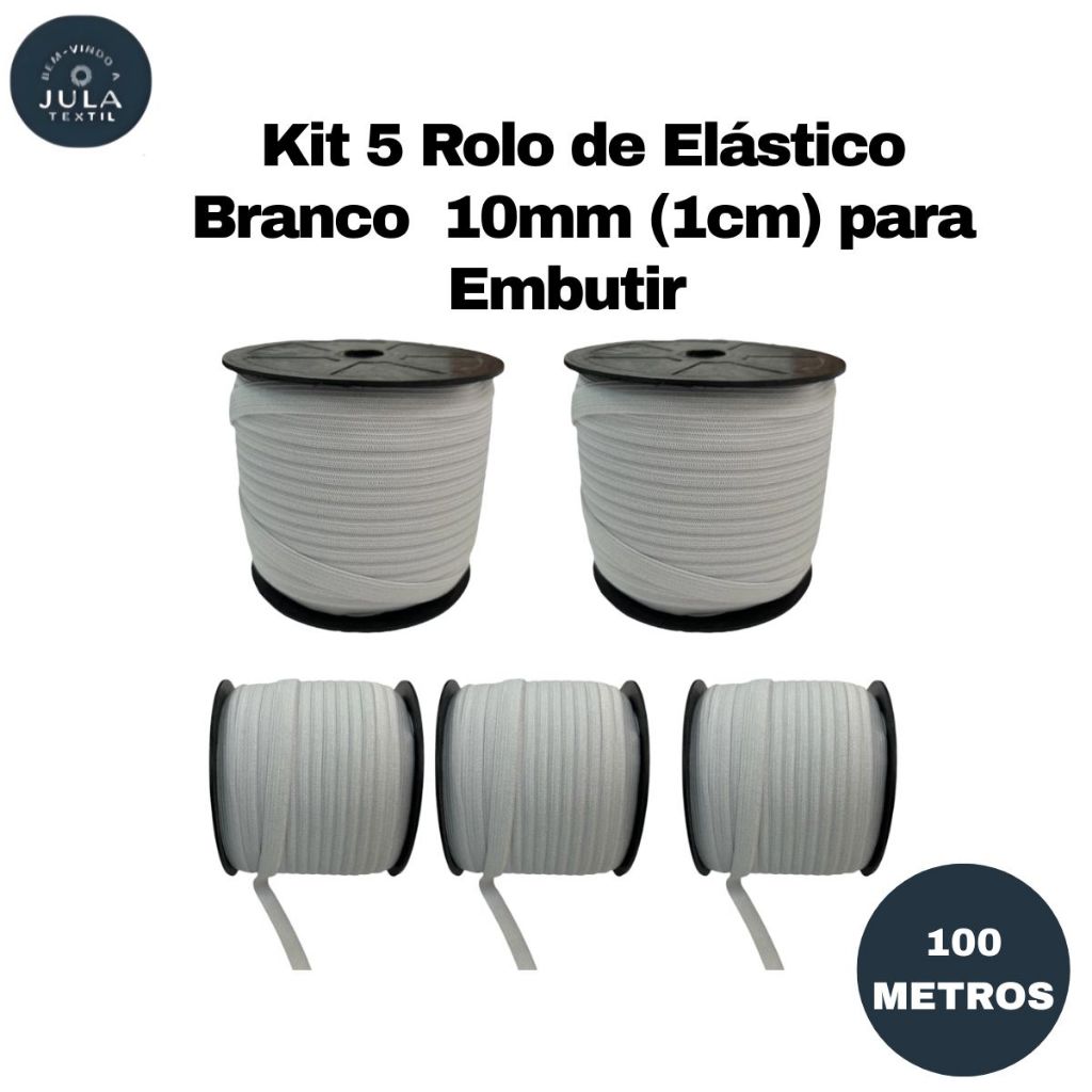 KIT 5 ROLOS Elástico Branco 10mm (1 cm)  100 metros para embutir, aviamento, confecção, artesanato