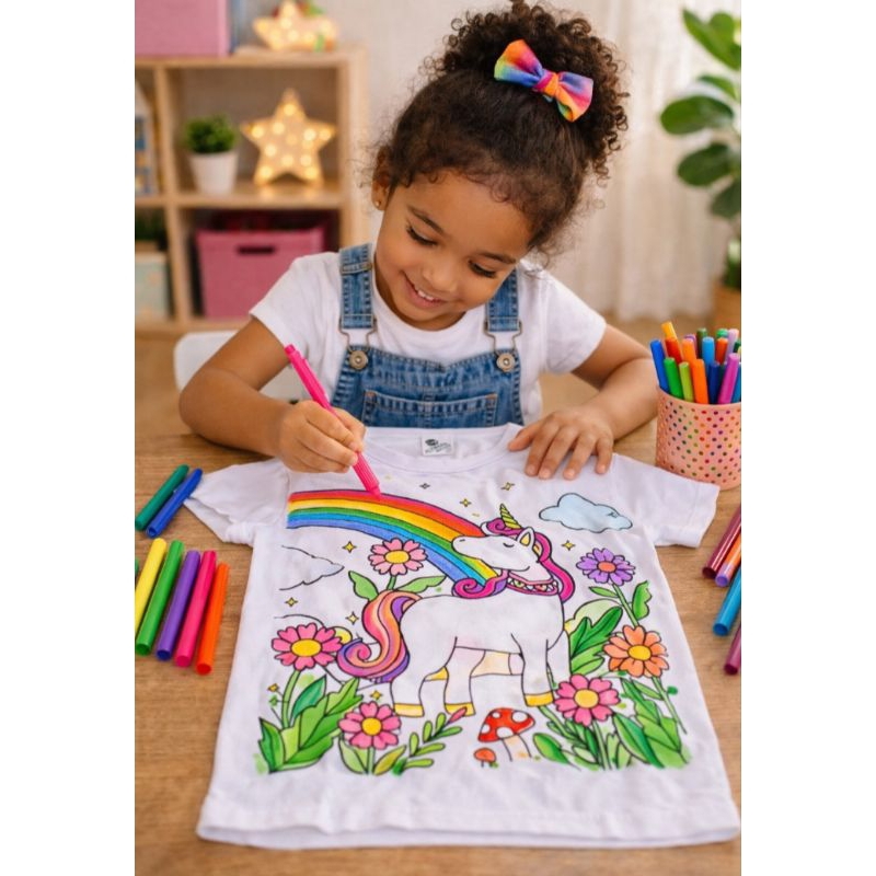 Camiseta Infantil para Colorir com Canetinhas, Menino e Menina, Lavável, estampas Dinossauro, Carro, Princesa, Unicórnio