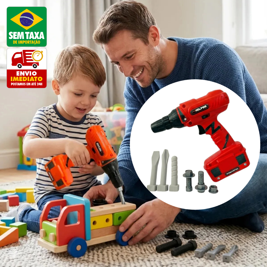 Kit Ferramenta Infantil Parafusadeira Furadeira Elétrica Brinquedo com Acessórios 8 Peças Pilha