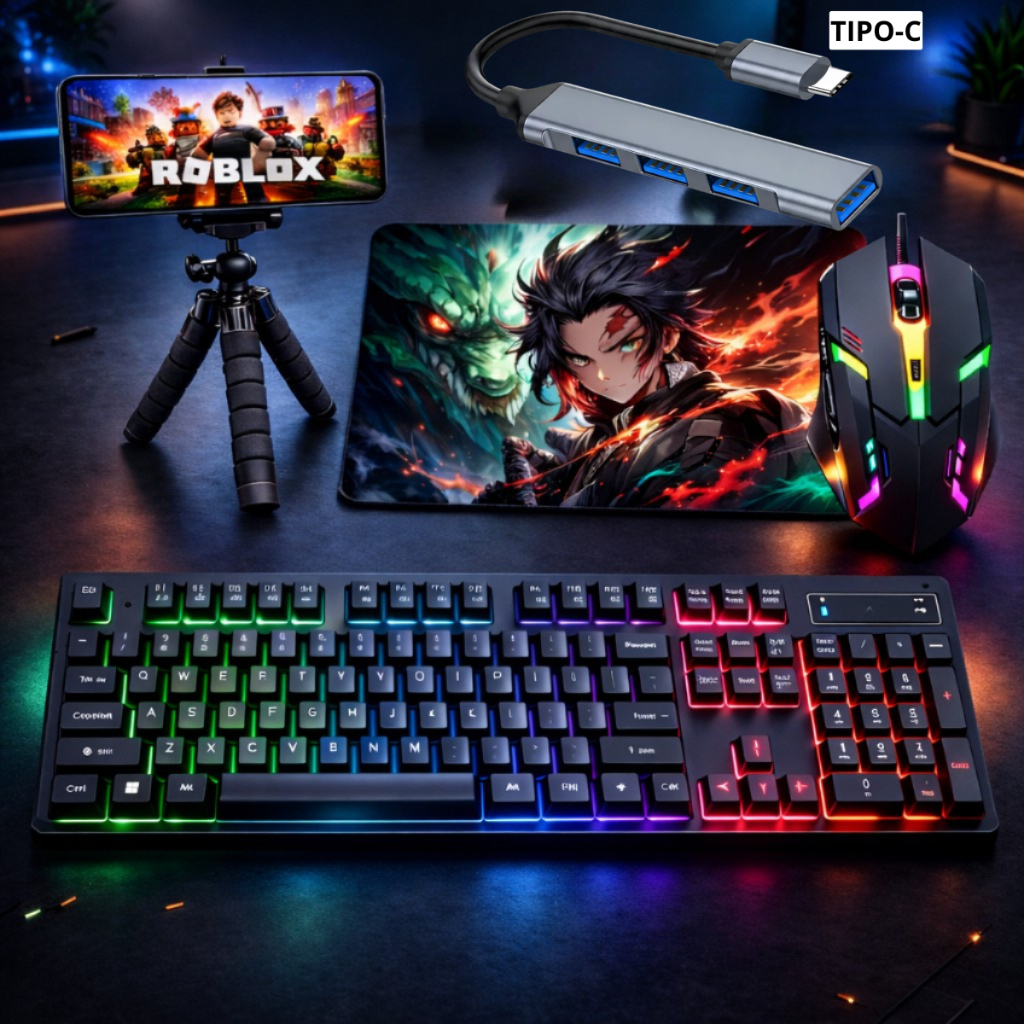 Kit Mobilador One Hand Gamer Completo Para Celular Com Teclado + Mouse Gamer Led RGB