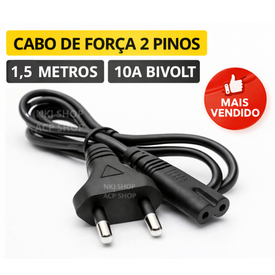 Cabo de Força Bipolar 2 Pinos 1,5m 10A Bivolt Para PS2 PS3 PS4 TV Rádio Som Vídeo Game Impressora em Oferta na Shopee