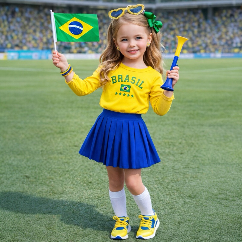 Blusa Brasil Infantil Canelada Manga Longa Outono Inverno Nova Coleção Brasil Core Meninas Torcida Blogueirinha