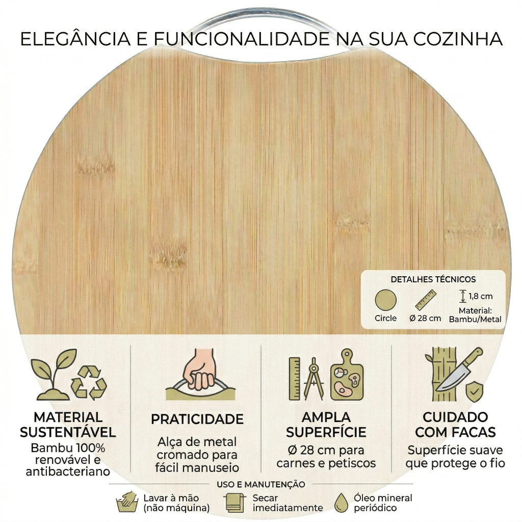 Tábua de Corte Redonda em Bambu Premium com Alça de Metal