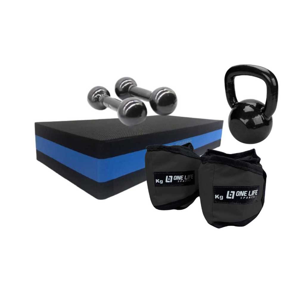 Kit Treino Casa – One Life Sports® – Kettlebell 4kg + Halter 2kg + Step EVA + Caneleira 2kg | Força