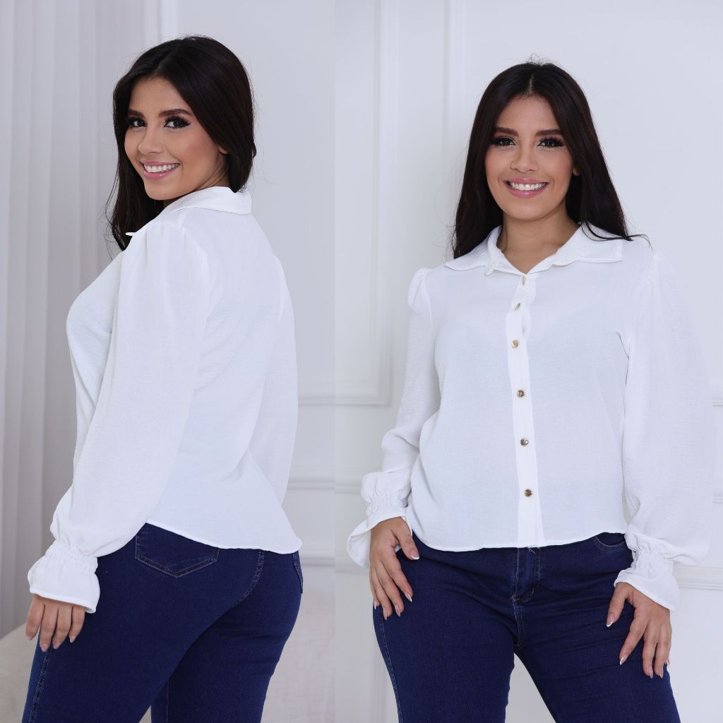 Blusa Feminina Elegante Manga Longa Botões Dourados Camisa Social Moderna Casual Chic Branca off