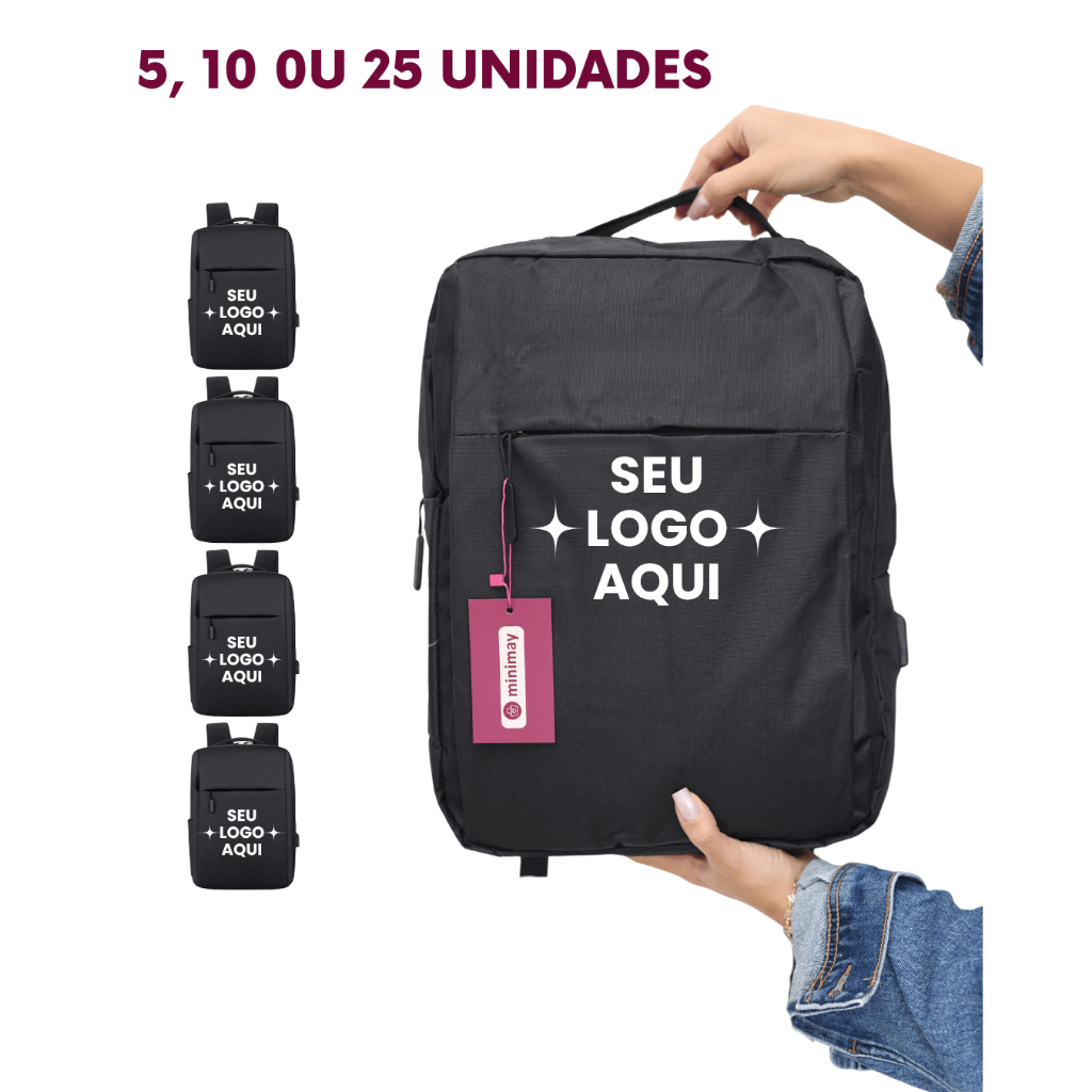 5, 10 ou 25  Mochilas USB preta personalizadas brinde Mochila com logo - MINIMAY