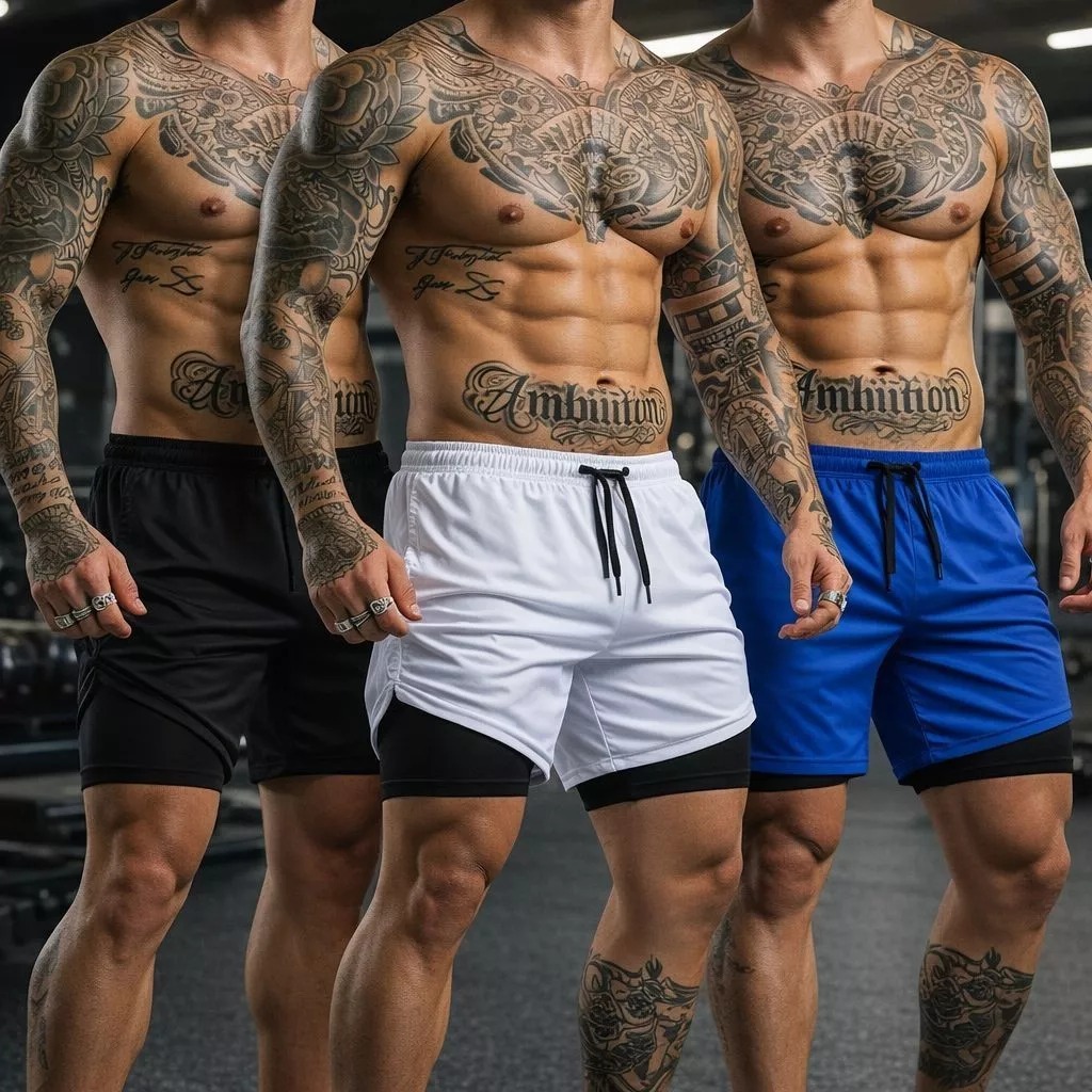 Kit 2 Shorts Masculinos 2 em 1 Plus Size Com Elastano Secagem Rápida Para Academia e Treino