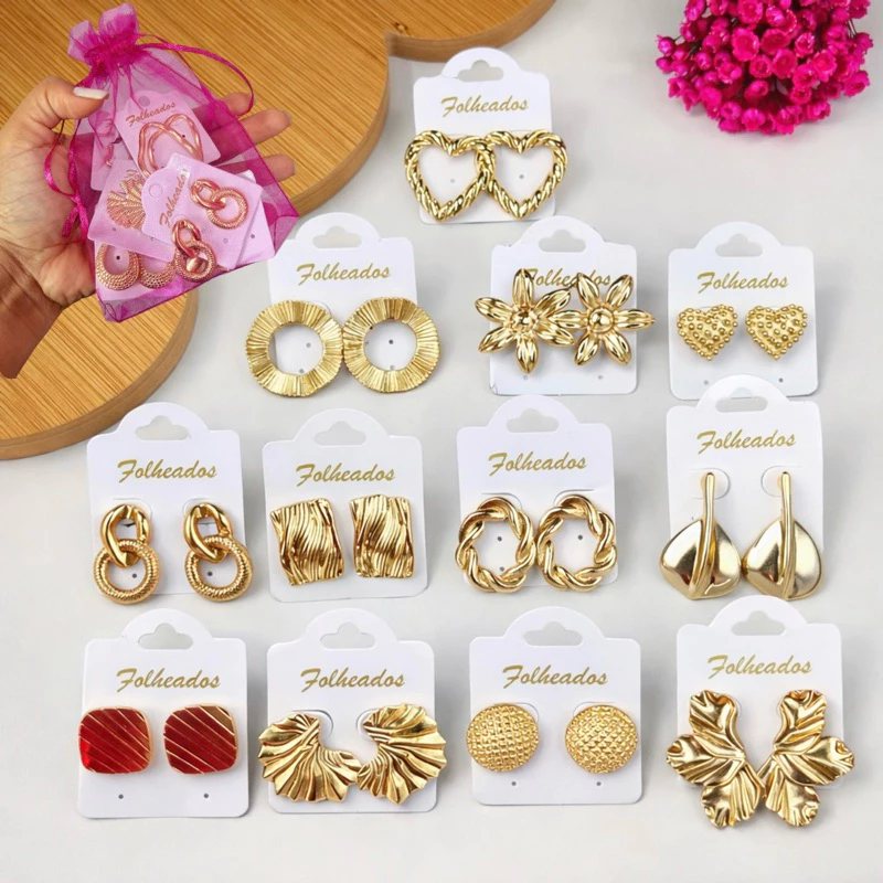 Kit 6 Pares De Brincos Femininos Folheado a Ouro e Prata Bijuteria Tendência Moda Elegante Sortido Lembrançinha — imagem 1