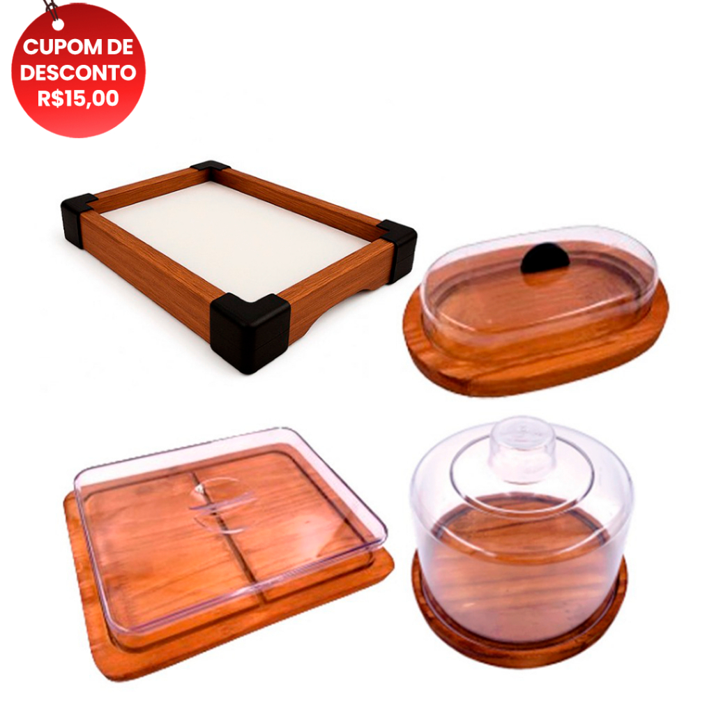 OFERTA 6.6 KIT 4Pçs Café Manhã, Madeira RÚSTICA Queijeira, Bandeja, Manteig. e Porta Frios Médio) Tpa acrílico