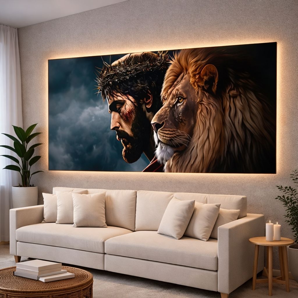 Quadros Decorativos Grande 112X80 Jesus e Leão de Judá Religioso Quarto Sala Hd