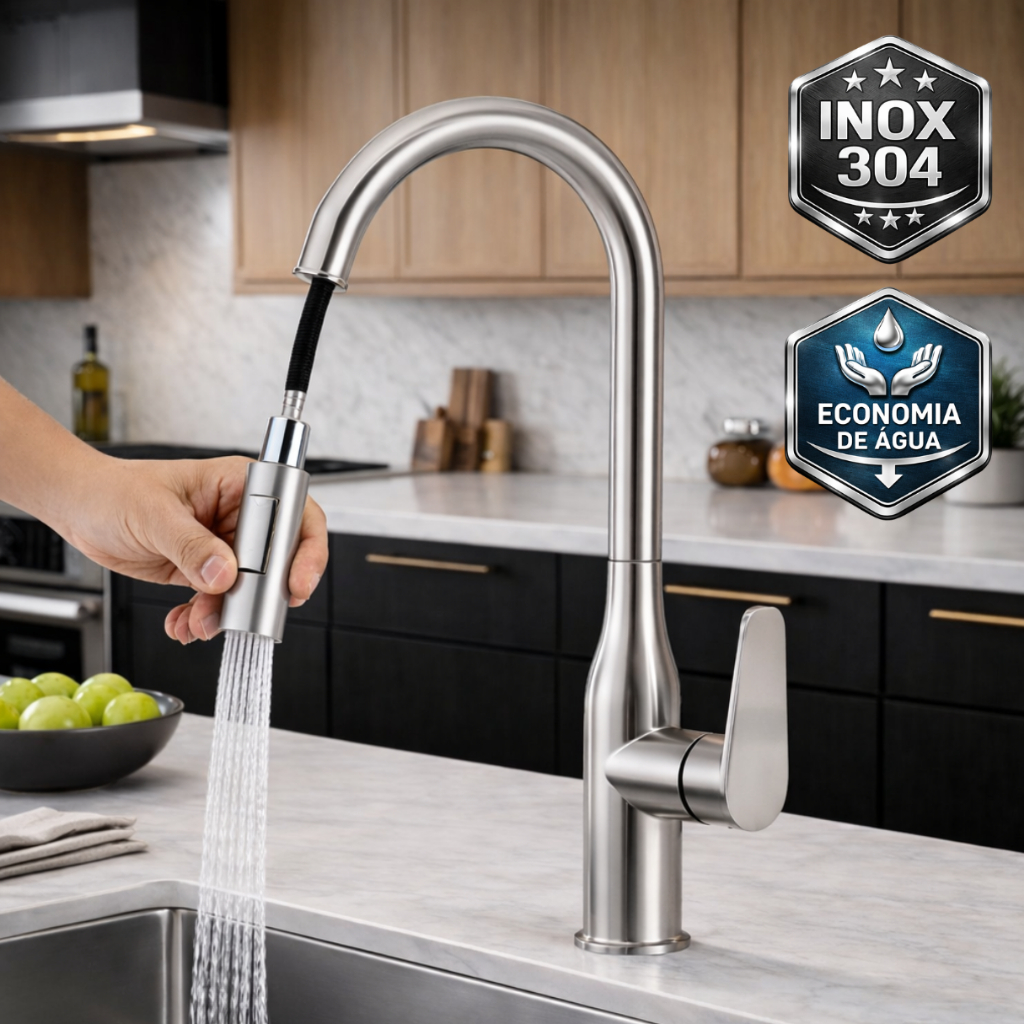 Torneira Gourmet Cozinha Bancada Torneira Pia Mesa Misturador Extensível 2 Jatos Aço Inox Escovado
