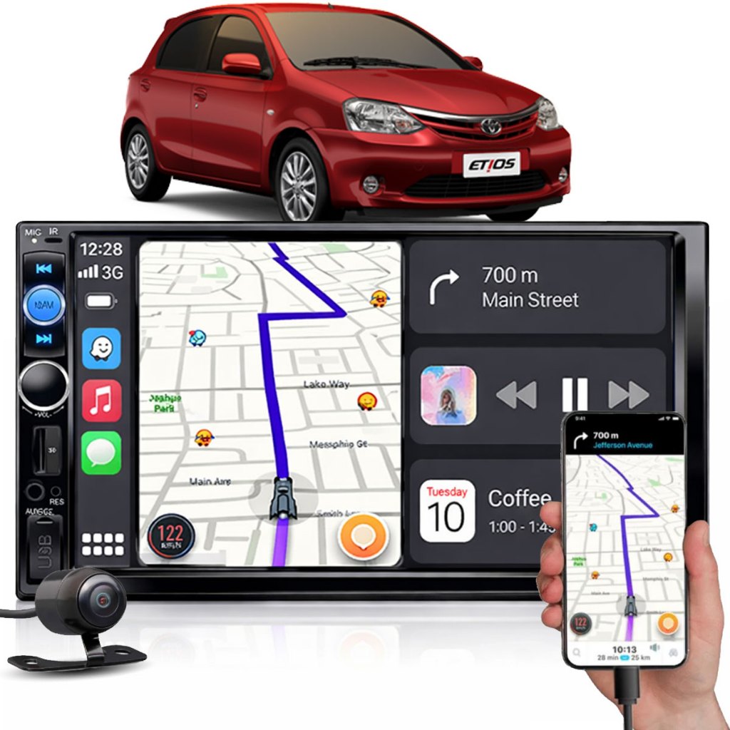 Kit Multimídia 7 polegadas Tela Central Mp5 2din Etios 2013 a 2021 com Carplay Android Auto Usb Bluetooth