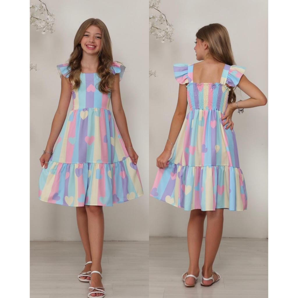 vestido curto de estampado corações infantil juvenil meninas