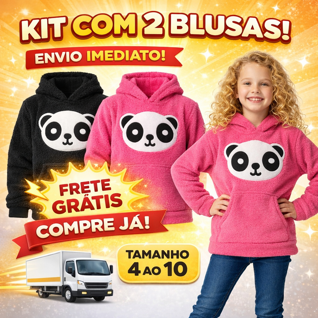 Casaco Infantil Panda Pelinho Aveludado com Capuz | Jaqueta Quente Inverno Menina 4 ao 10