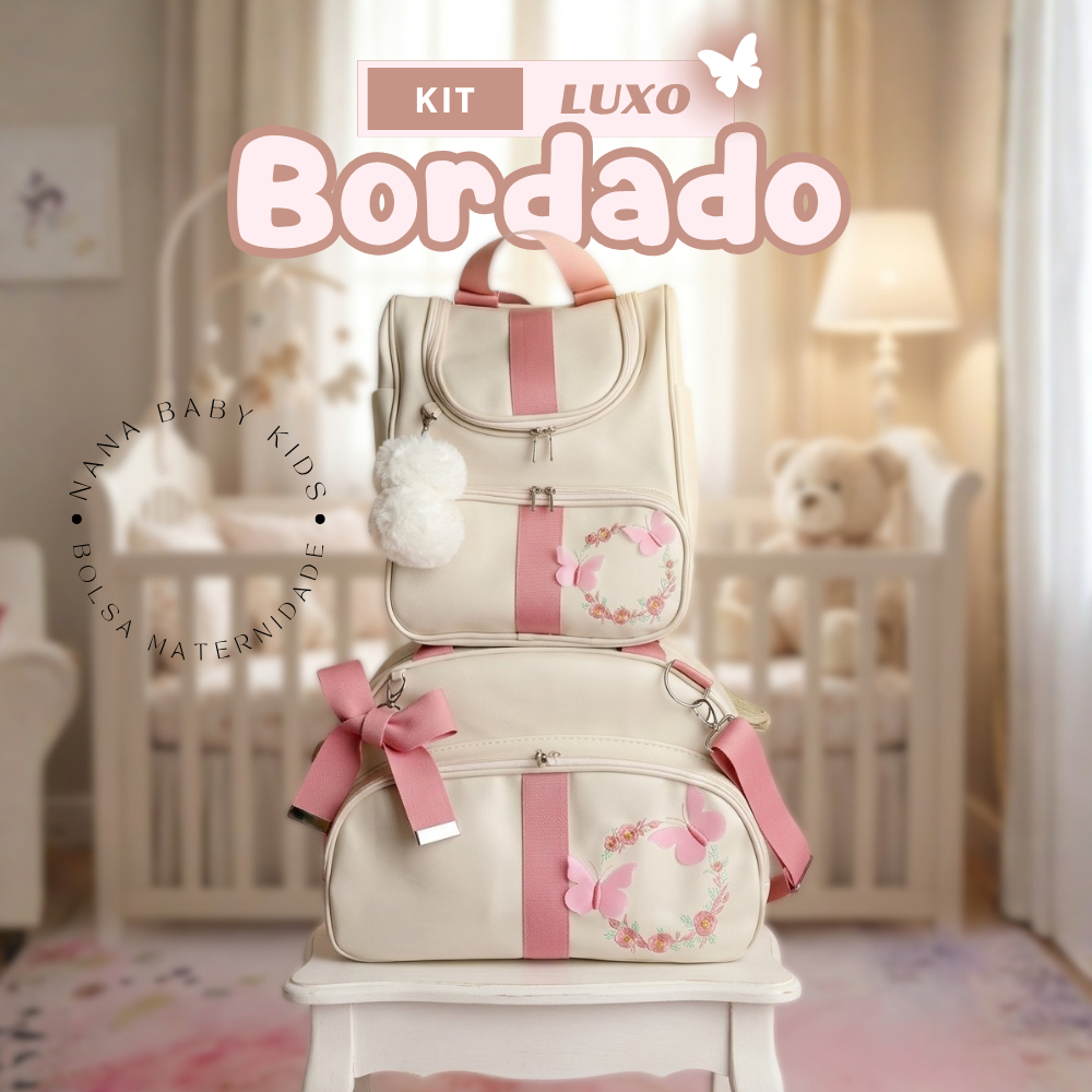 Kit Maternidade Luxo - Bordado Borboleta (menina) ou Bordado Safari (menino)