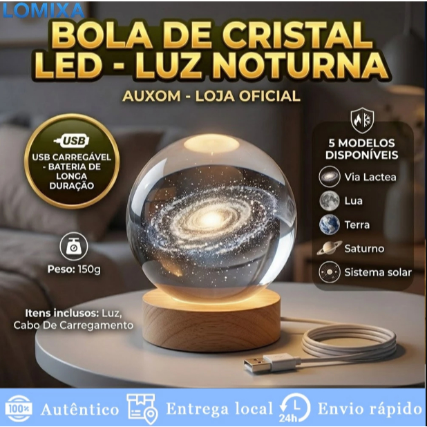 Luminária Decorativa Globo LED Lua Galáxia Sistema Solar Astronauta Bola De Cristal