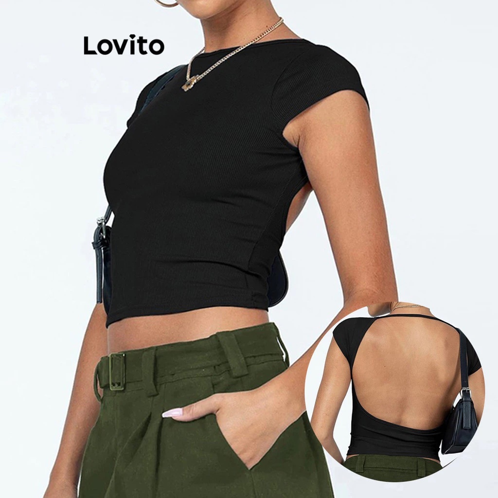 Lovito Casual Camiseta Feminina Lisa com Costas Abertas TSNS39BX052