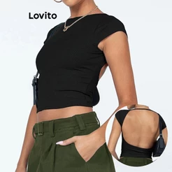 Lovito Casual Camiseta Feminina Lisa com Costas Abertas TSNS39BX052