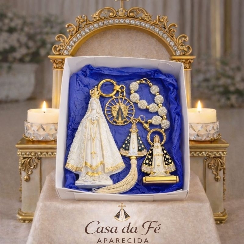 Kit Completo Nossa Senhora Aparecida – Imagem 15cm + Chaveiro 13cm + imagem carro 8cm + terço 27cm