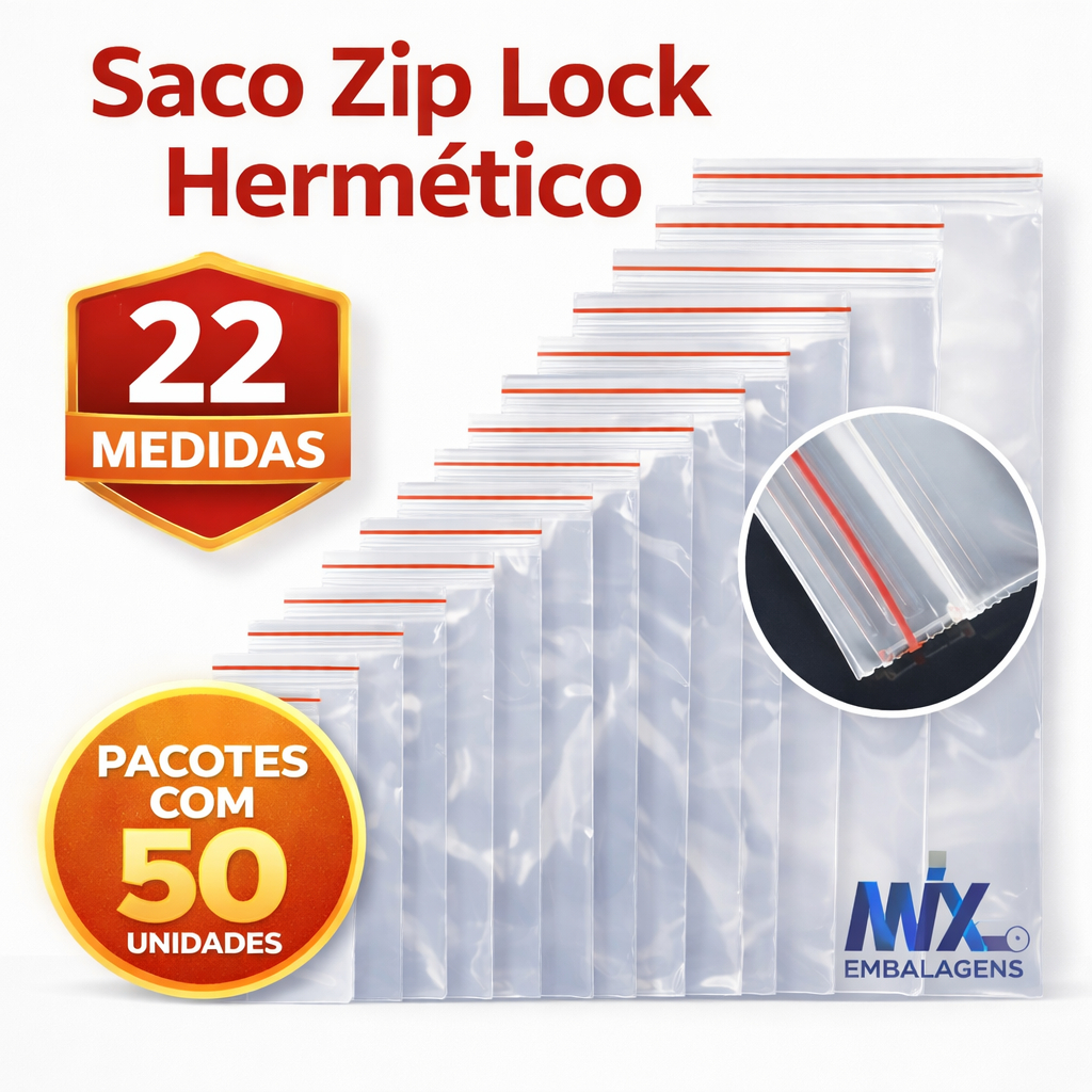 Saco Zip Hermético Transparente Abre e Fecha - C/ 50 Unidades