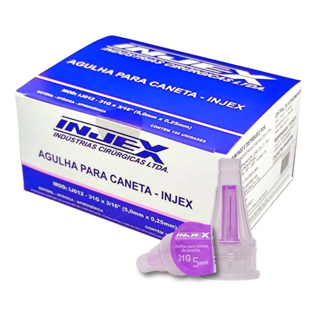 Agulha Caneta De Insulina Injex 31g 5x0,25mm Estéril Ozempic Victoza Saxenda Flexpen Sus - 100 un