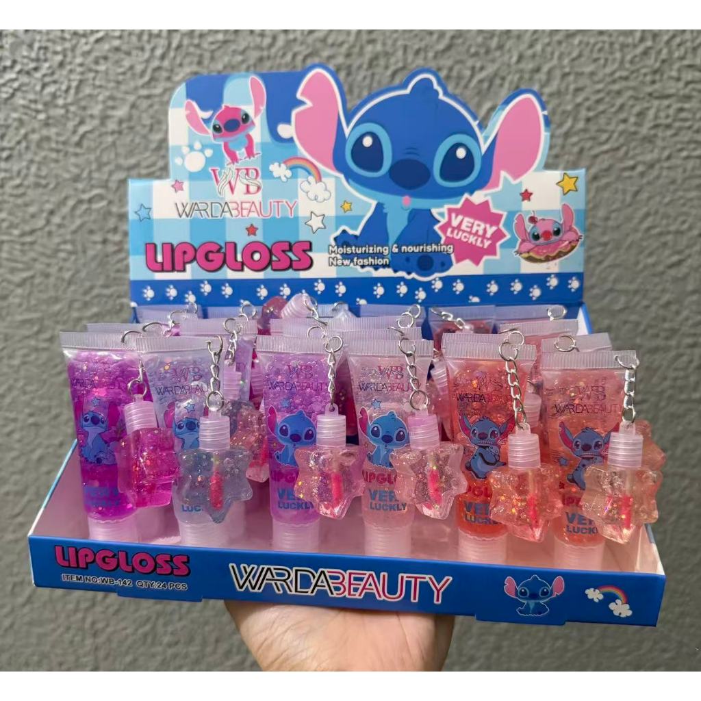 Kit 6 ps LIP GLOSS STITCH COM GLITTER + CHAVEIRO PINGENTE Stitch ou Kuromi