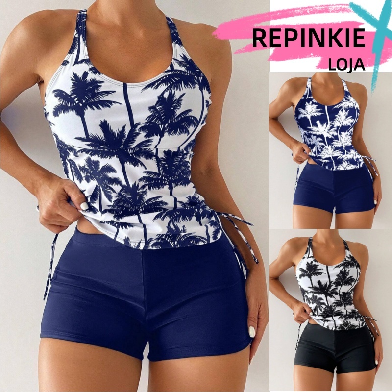Conjunto de Biquíni Top Maiô Feminino de Estampa Coqueiro com Decote Halter de Árvore de Coco