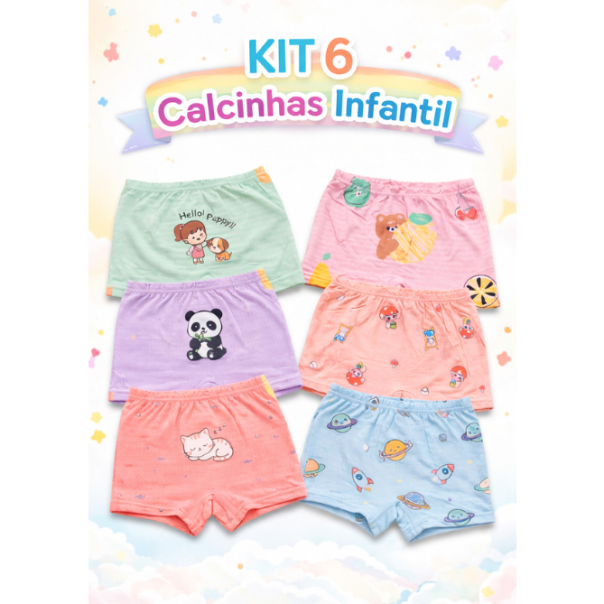 KIT 6 CALCINHAS INFANTIL BOXER POLIAMIDA COM ELASTANO FORRO DUPLO TECIDO RESPIRÁVEL